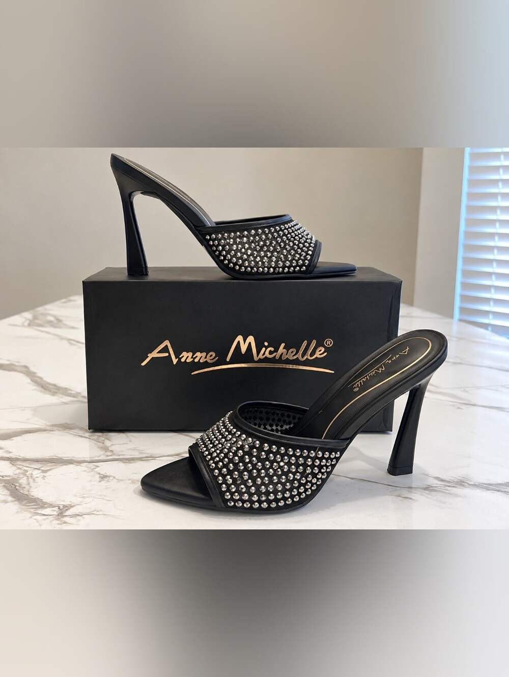 Anne Michelle Black Crystal-Stud Slide Heel